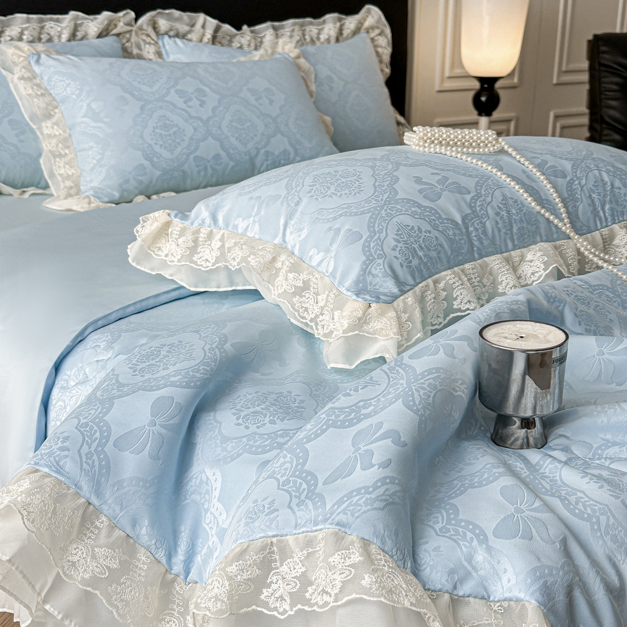 91家纺网 家纺一手货源 找家纺 你好美丽 2026新款水洗真丝蕾丝花边夏被夏凉被空调被四件套-夏梦 夏梦蓝