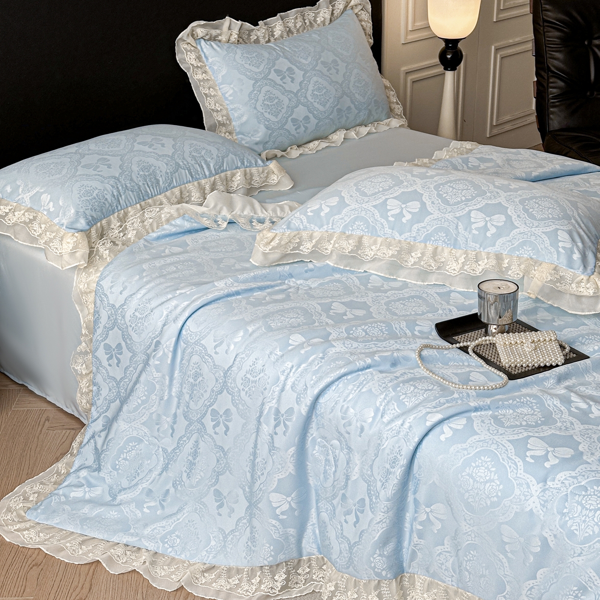 91家纺网 家纺一手货源 找家纺 你好美丽 2026新款水洗真丝蕾丝花边夏被夏凉被空调被四件套-夏梦 夏梦蓝