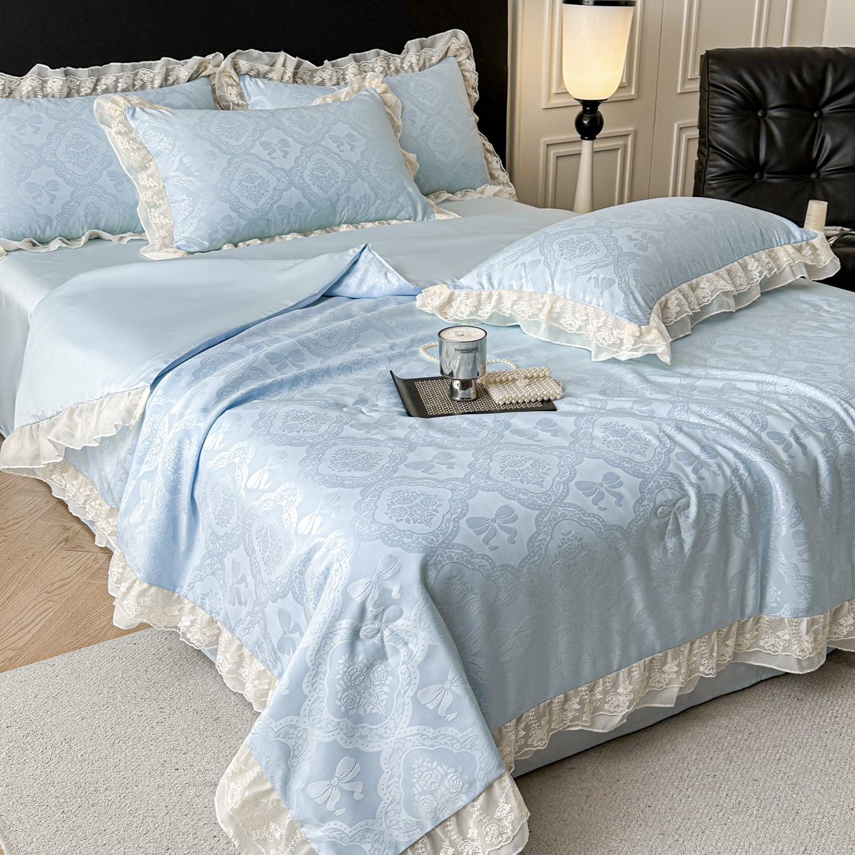 91家纺网 家纺一手货源 找家纺 你好美丽 2026新款水洗真丝蕾丝花边夏被夏凉被空调被四件套-夏梦 夏梦蓝