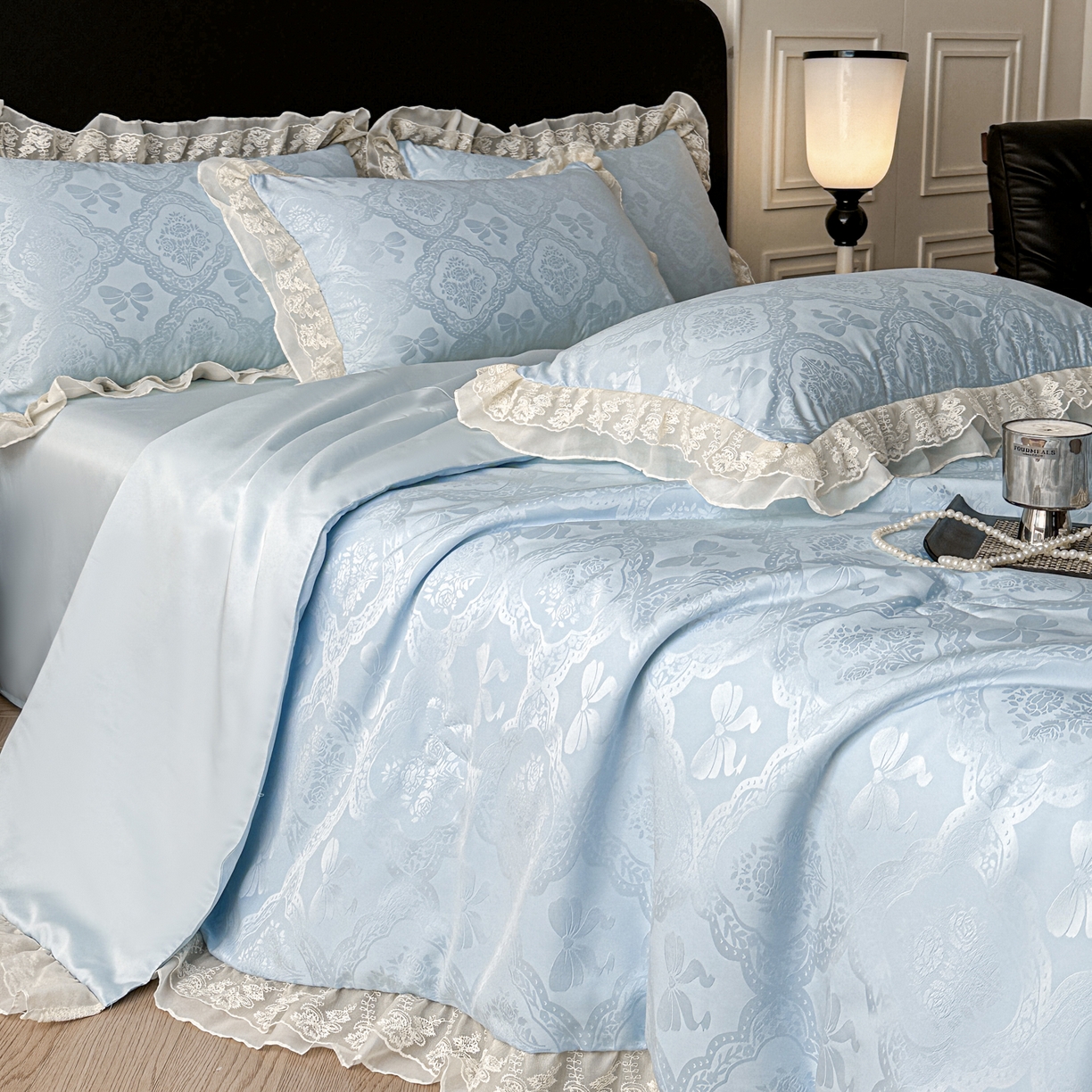 91家纺网 家纺一手货源 找家纺 你好美丽 2026新款水洗真丝蕾丝花边夏被夏凉被空调被四件套-夏梦 夏梦蓝