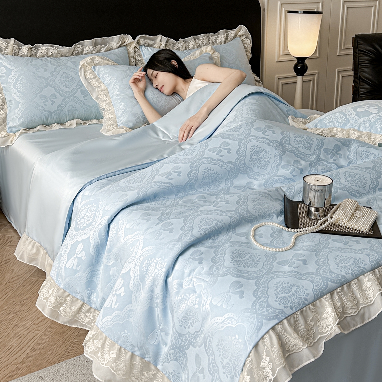 91家纺网 家纺一手货源 找家纺 你好美丽 2026新款水洗真丝蕾丝花边夏被夏凉被空调被四件套-夏梦 夏梦蓝