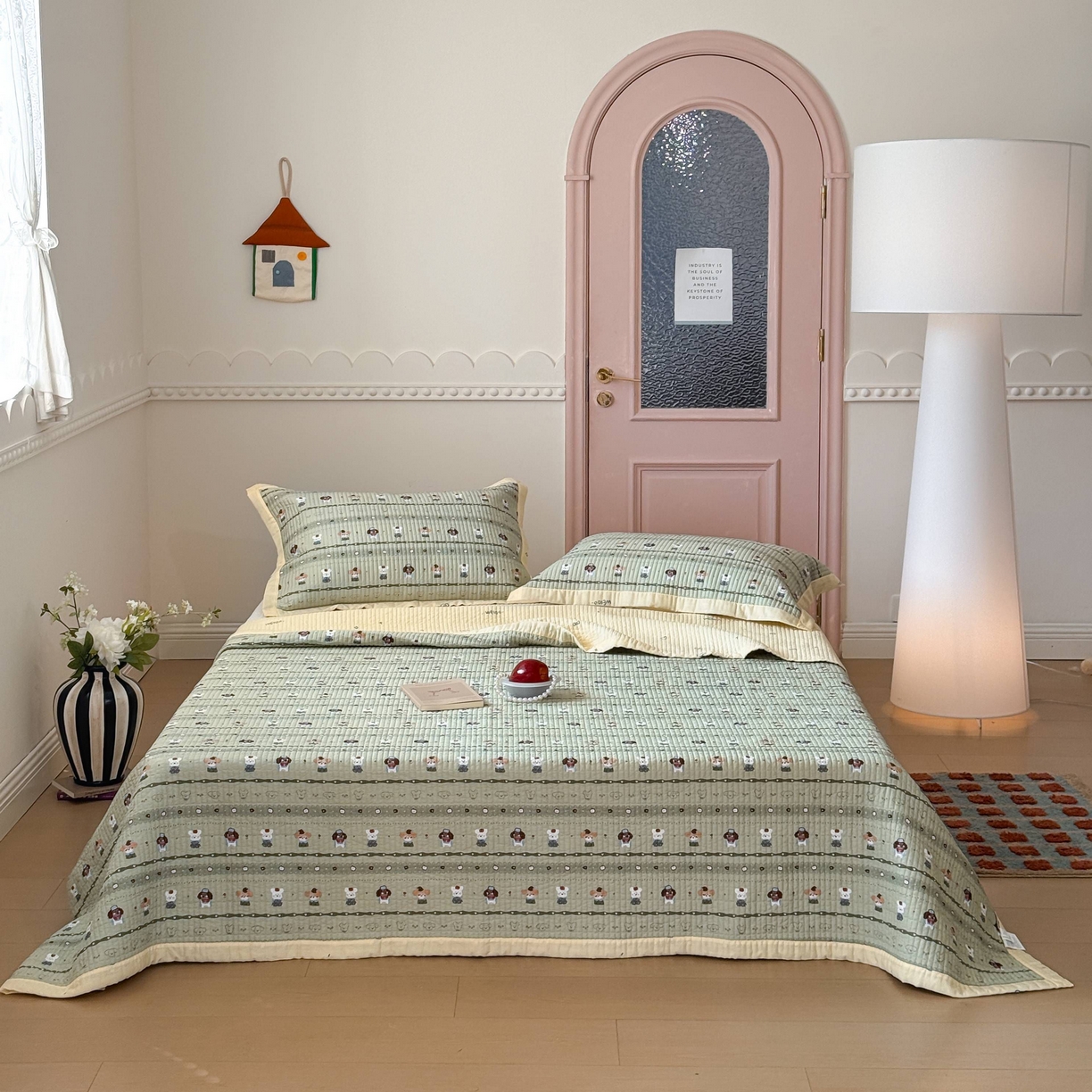 91家纺网 家纺一手货源 找家纺 床盖工厂店 2026春夏新款双面全棉床盖三件套 苹果小狗