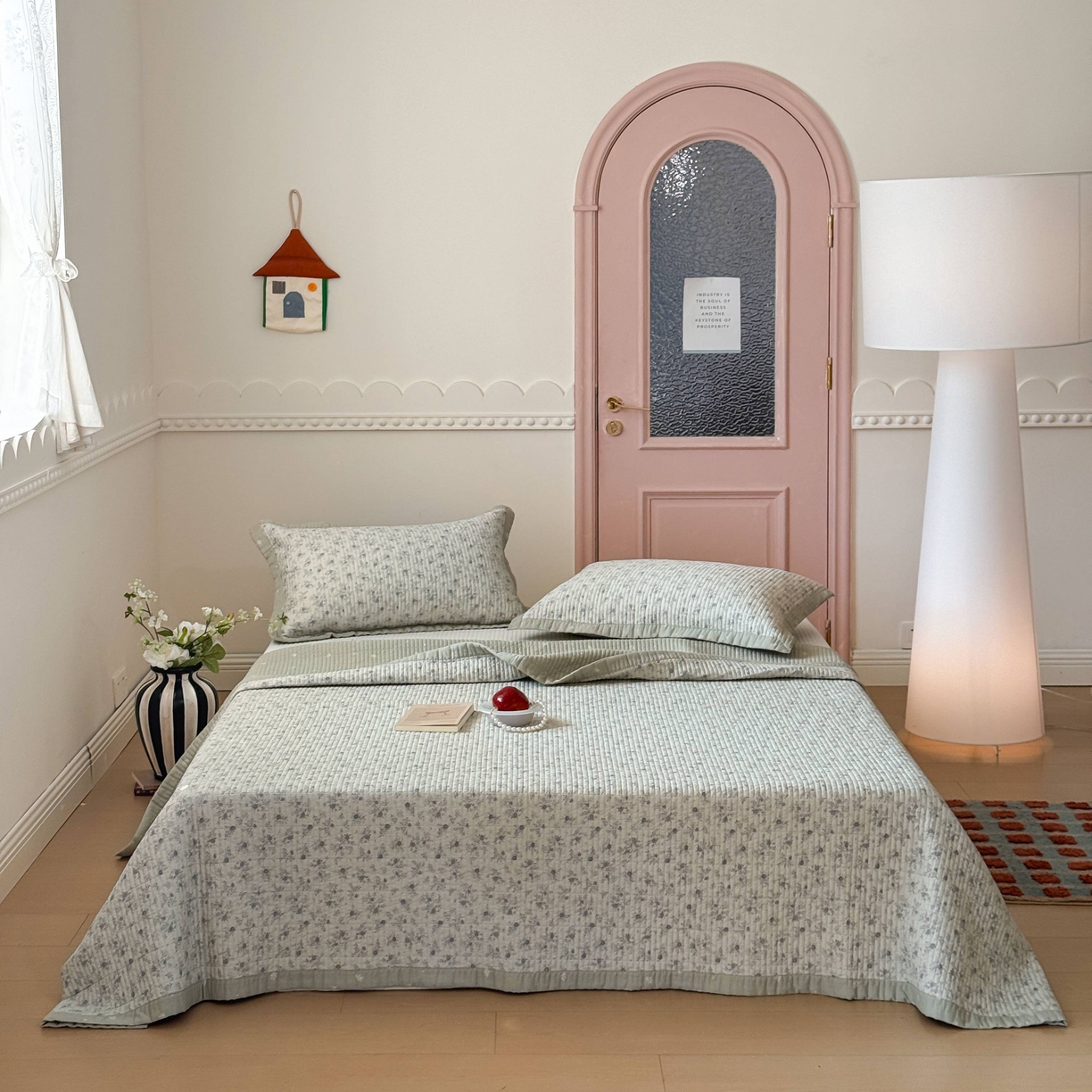 91家纺网 家纺一手货源 找家纺 床盖工厂店 2026春夏新款双面全棉床盖三件套 海棠依旧