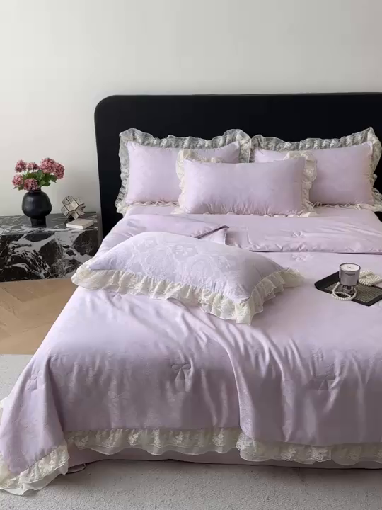 91家纺网 家纺一手货源 找家纺 你好美丽 2026新款水洗真丝蕾丝花边夏被夏凉被空调被四件套-夏梦 夏梦紫