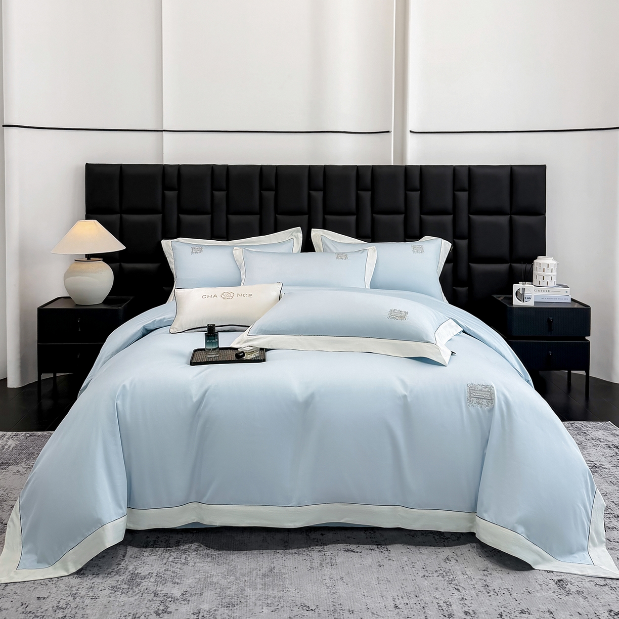 91家纺网 家纺一手货源 找家纺 莱势 2026新品A类100支全棉纯棉50x50s埃及贡缎长绒棉刺绣绣花四件套高端礼盒-仙本娜 仙本娜 天空蓝