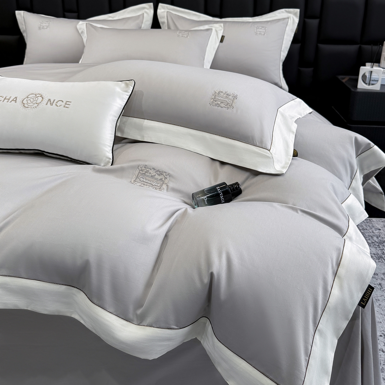 莱势 2026新品A类100支全棉纯棉50x50s埃及贡缎长绒棉刺绣绣花四件套高端礼盒-仙本娜 仙本娜 绅士灰