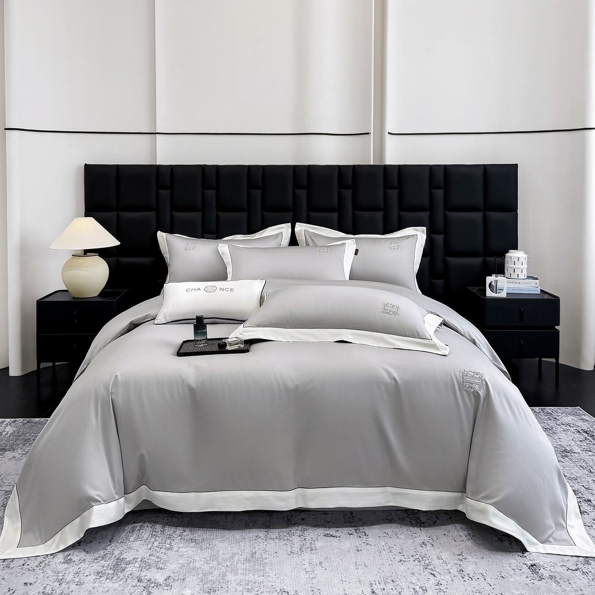 91家纺网 家纺一手货源 找家纺 莱势 2026新品A类100支全棉纯棉50x50s埃及贡缎长绒棉刺绣绣花四件套高端礼盒-仙本娜 仙本娜 绅士灰