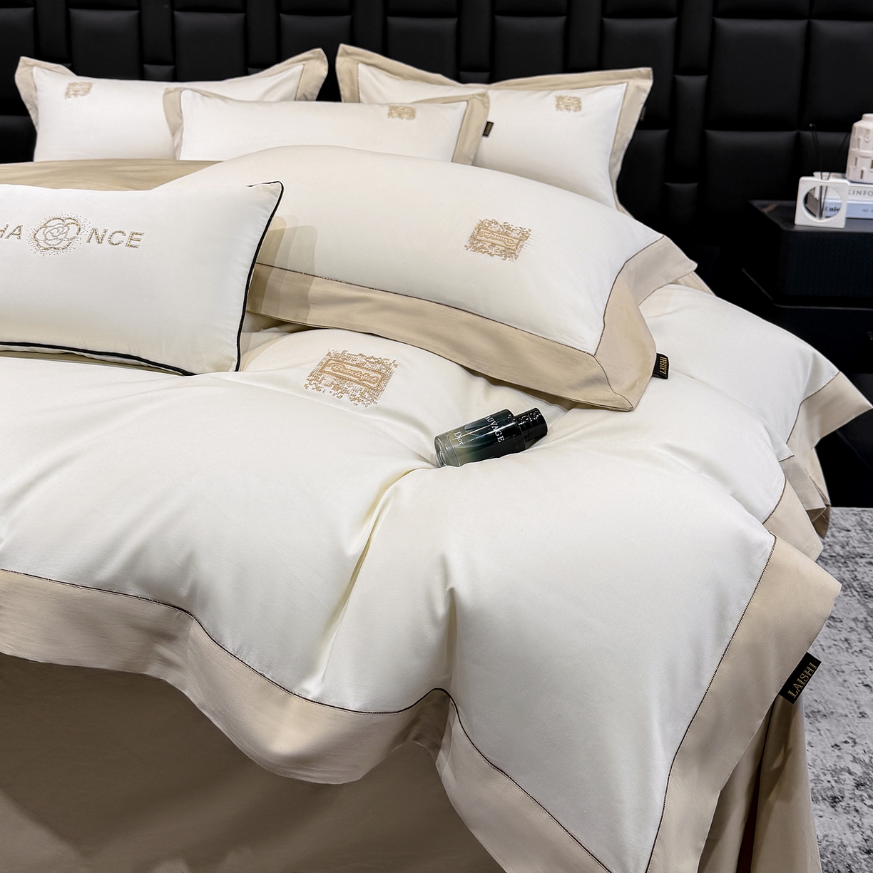 莱势 2026新品A类100支全棉纯棉50x50s埃及贡缎长绒棉刺绣绣花四件套高端礼盒-仙本娜 仙本娜 香槟金