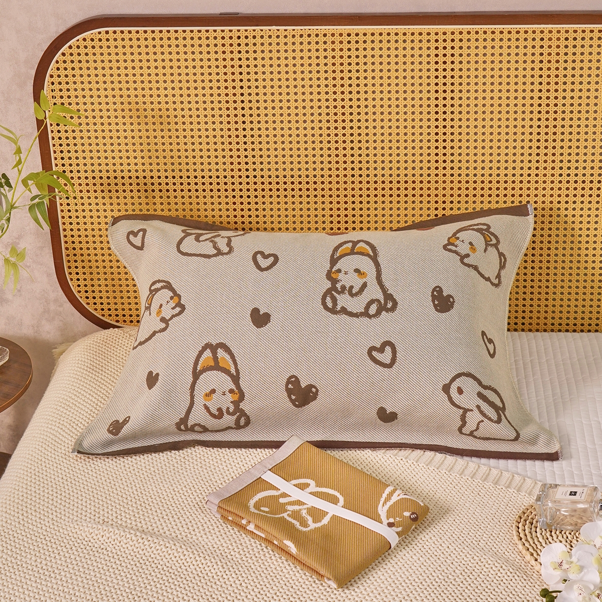 91家纺网 家纺一手货源 找家纺 棠薇家纺 2026新款绑带款枕巾全棉纯棉四层斜纹纱布枕巾  防滑防脱落纯棉枕头巾 绑带款爱心兔