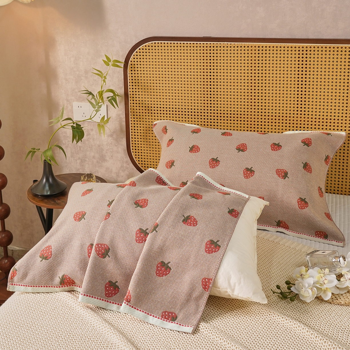 91家纺网 家纺一手货源 找家纺 棠薇家纺 2026新款绑带款枕巾全棉纯棉四层斜纹纱布枕巾  防滑防脱落纯棉枕头巾 绑带款甜心草莓