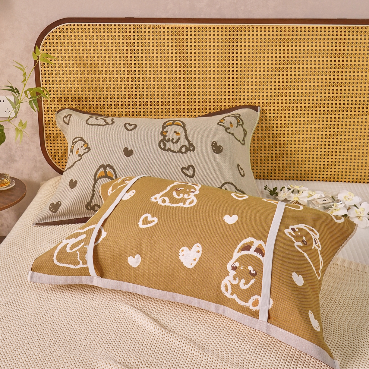 91家纺网 家纺一手货源 找家纺 棠薇家纺 2026新款绑带款枕巾全棉纯棉四层斜纹纱布枕巾  防滑防脱落纯棉枕头巾 绑带款爱心兔