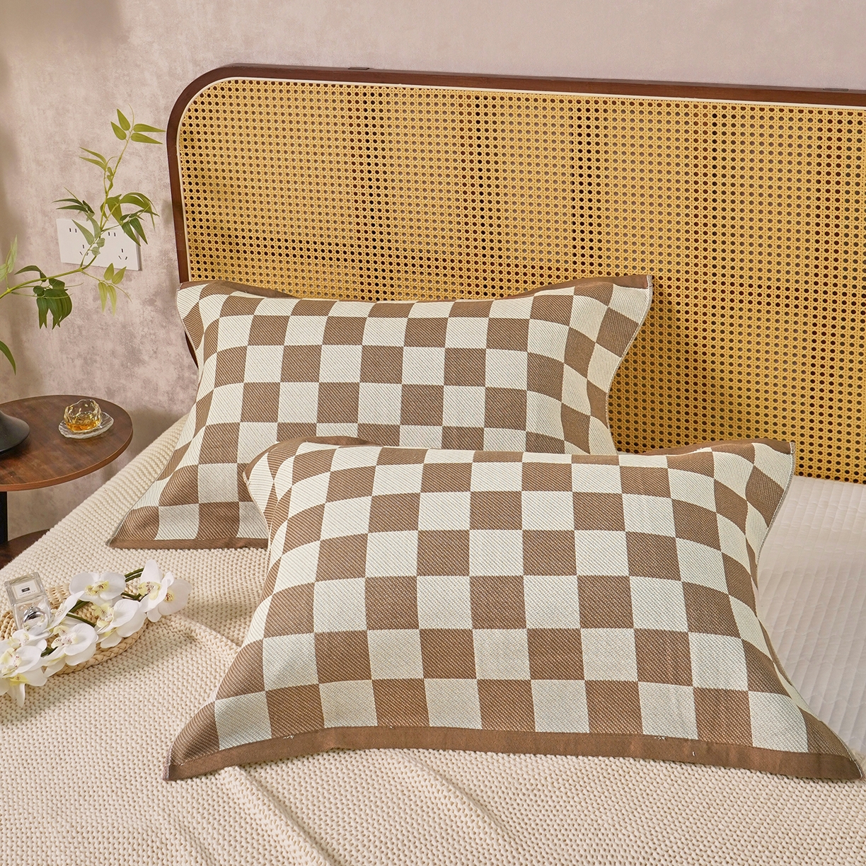 棠薇家纺 2026新款绑带款枕巾全棉纯棉四层斜纹纱布枕巾  防滑防脱落纯棉枕头巾 绑带款棋盘格