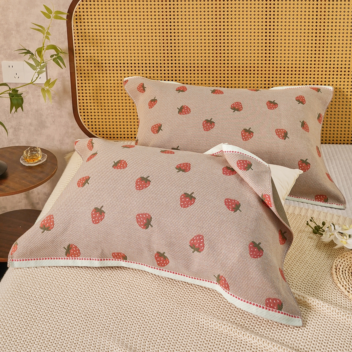 91家纺网 家纺一手货源 找家纺 棠薇家纺 2026新款绑带款枕巾全棉纯棉四层斜纹纱布枕巾  防滑防脱落纯棉枕头巾 绑带款甜心草莓