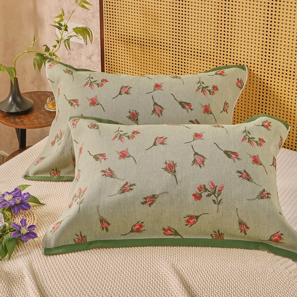 棠薇家纺 2026新款绑带款枕巾全棉纯棉四层斜纹纱布枕巾  防滑防脱落纯棉枕头巾 绑带款花季绿