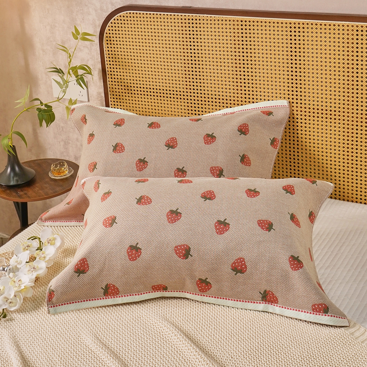 棠薇家纺 2026新款绑带款枕巾全棉纯棉四层斜纹纱布枕巾  防滑防脱落纯棉枕头巾 绑带款甜心草莓