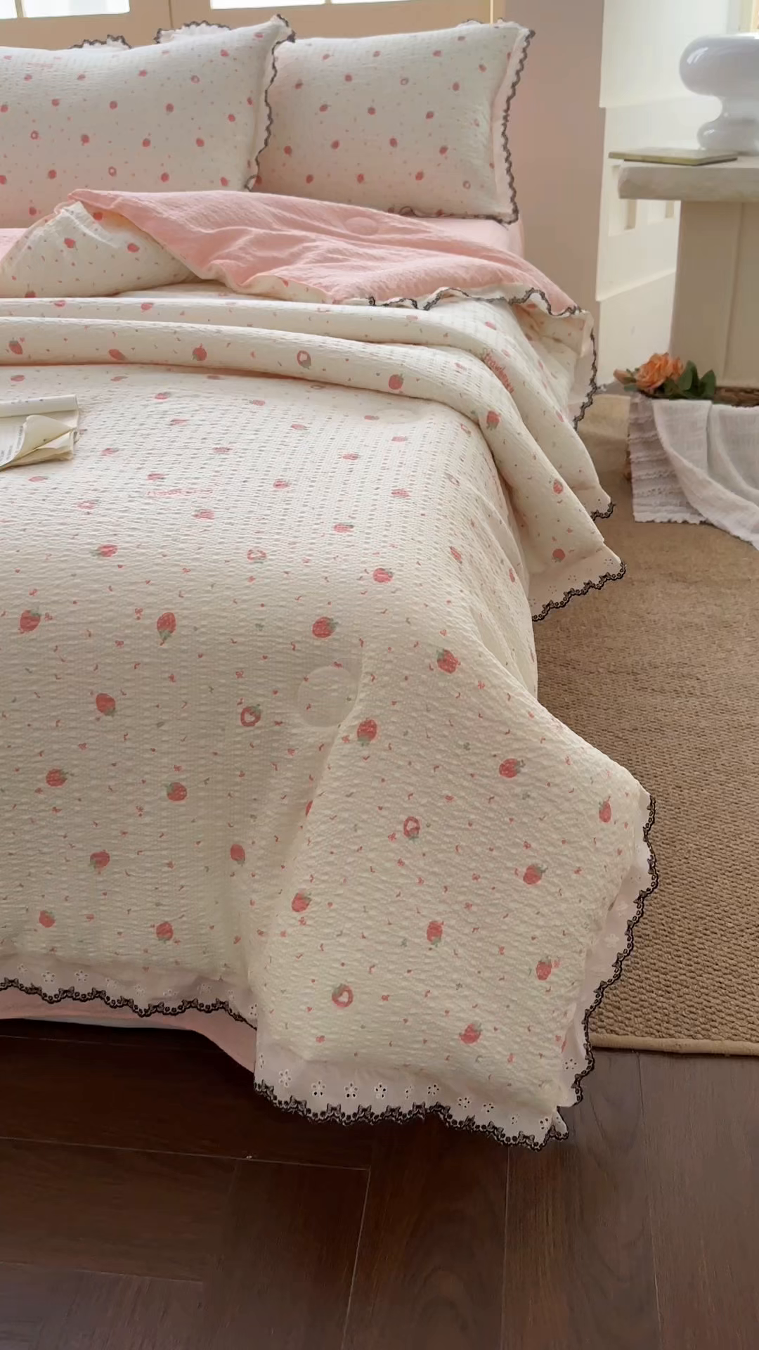 91家纺网 家纺一手货源 找家纺 桔禾家纺 2026新款高克重小清新可爱风泡芙棉全棉镂空花边款夏被四件套夏凉被空调被四件套 美莓果
