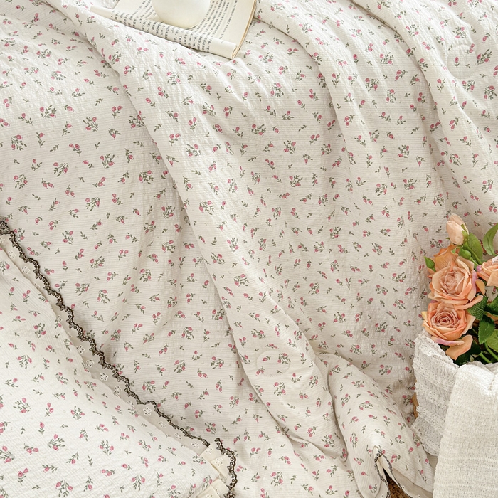 91家纺网 家纺一手货源 找家纺 桔禾家纺 2026新款高克重小清新可爱风泡芙棉全棉镂空花边款夏被四件套夏凉被空调被四件套 迷迭香