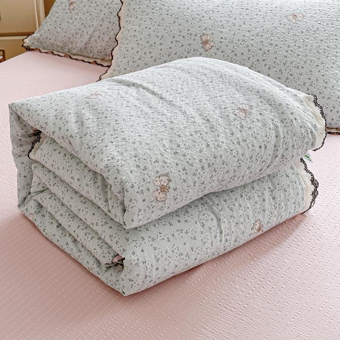 桔禾家纺 2026新款高克重小清新可爱风泡芙棉全棉镂空花边款夏被四件套夏凉被空调被四件套 兔小妹