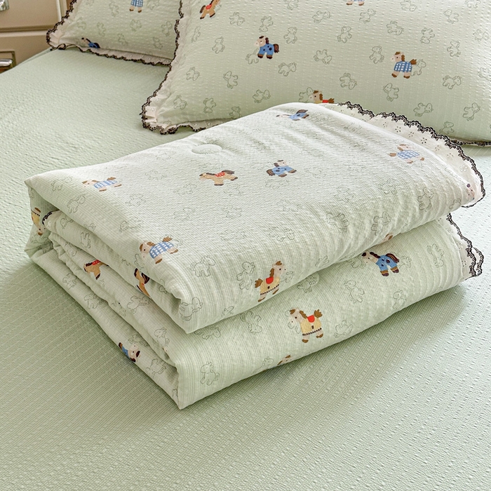 桔禾家纺 2026新款高克重小清新可爱风泡芙棉全棉镂空花边款夏被四件套夏凉被空调被四件套 摇摇马