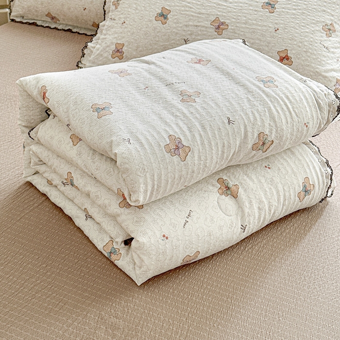 桔禾家纺 2026新款高克重小清新可爱风泡芙棉全棉镂空花边款夏被四件套夏凉被空调被四件套 云朵熊