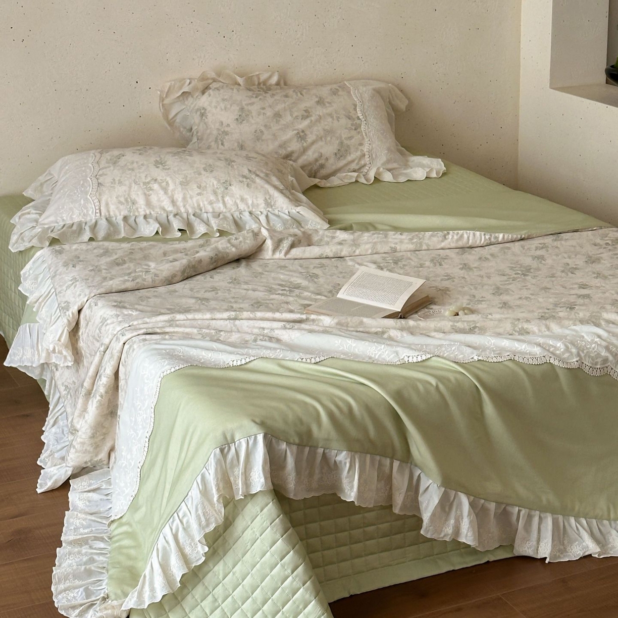 91家纺网 家纺一手货源 找家纺 觅糖家纺 2026新款亚麻夏被绗缝四件套 烟雨青墨