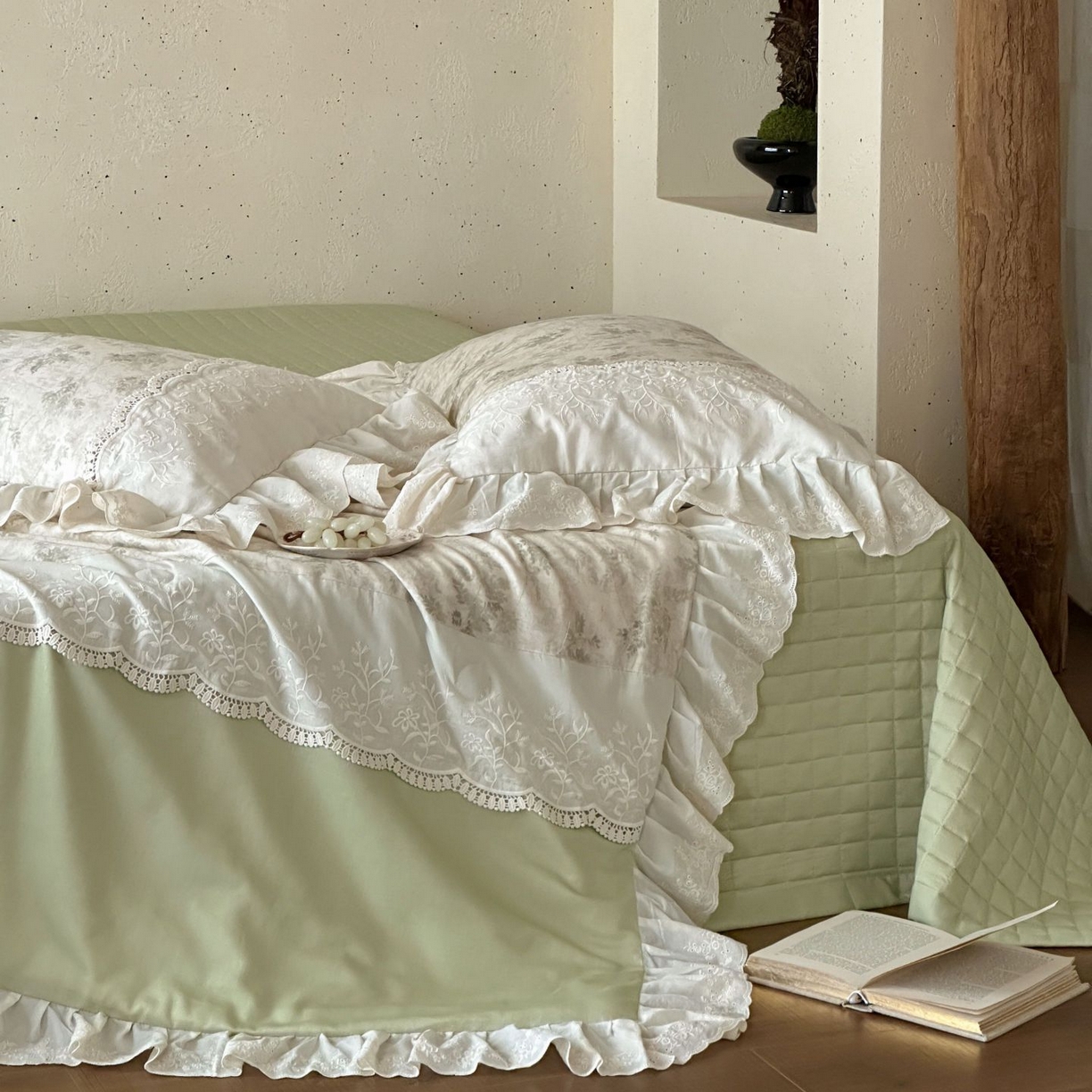 91家纺网 家纺一手货源 找家纺 觅糖家纺 2026新款亚麻夏被绗缝四件套 烟雨青墨