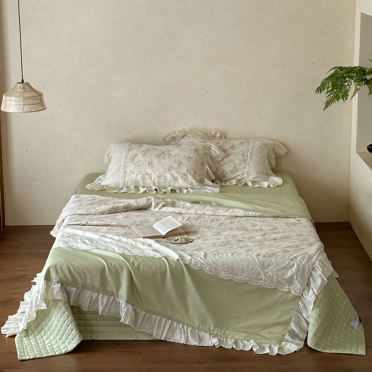 91家纺网 家纺一手货源 找家纺 觅糖家纺 2026新款亚麻夏被绗缝四件套 烟雨青墨