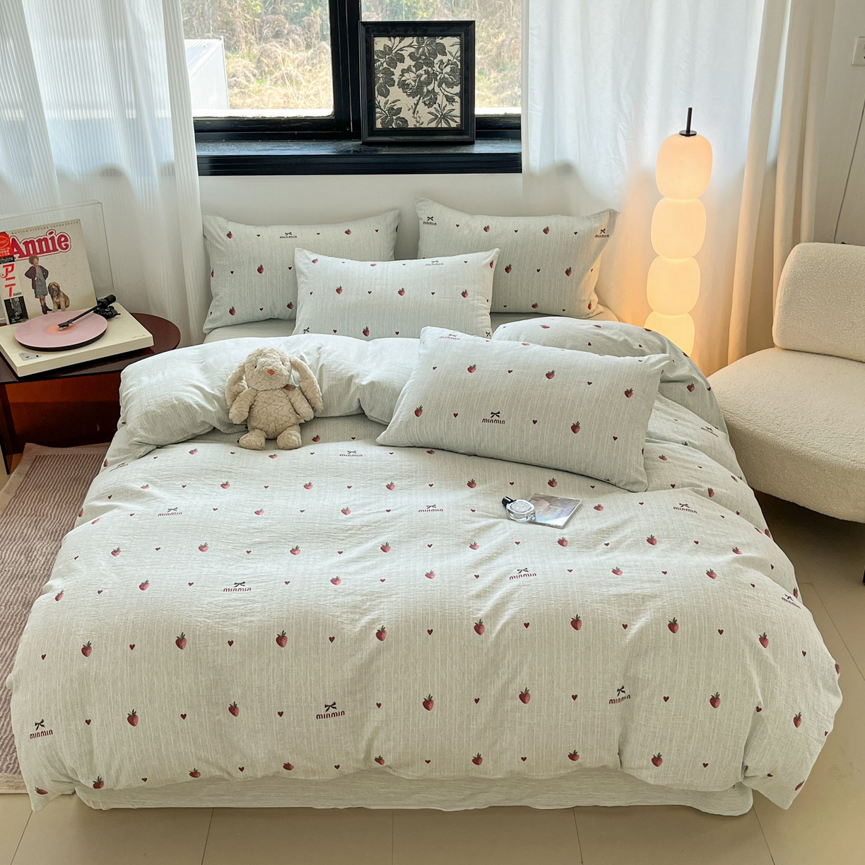 91家纺网 家纺一手货源 找家纺 蓝极人 2026新款色织水洗麻印花四件套 草莓绿