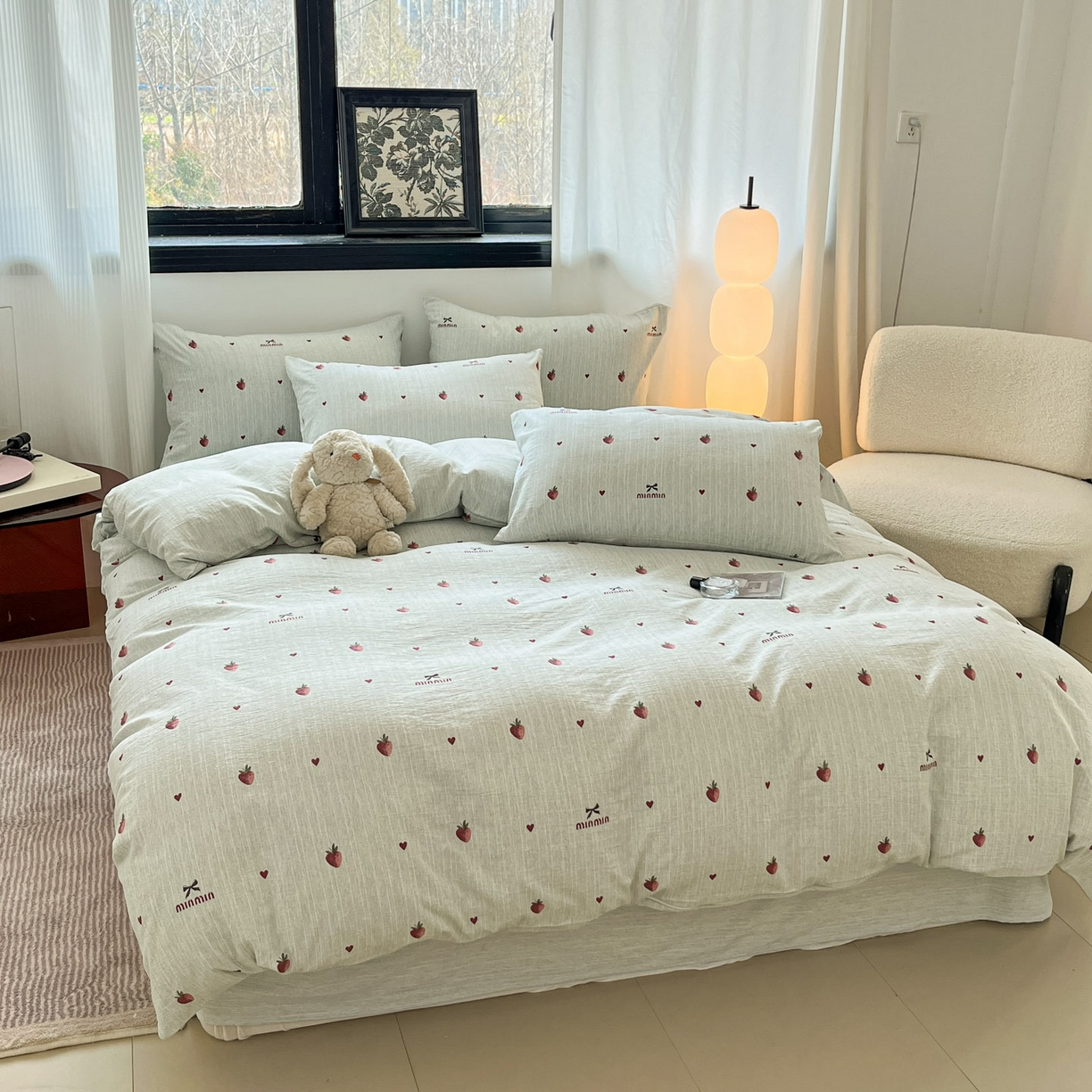 91家纺网 家纺一手货源 找家纺 蓝极人 2026新款色织水洗麻印花四件套 草莓绿