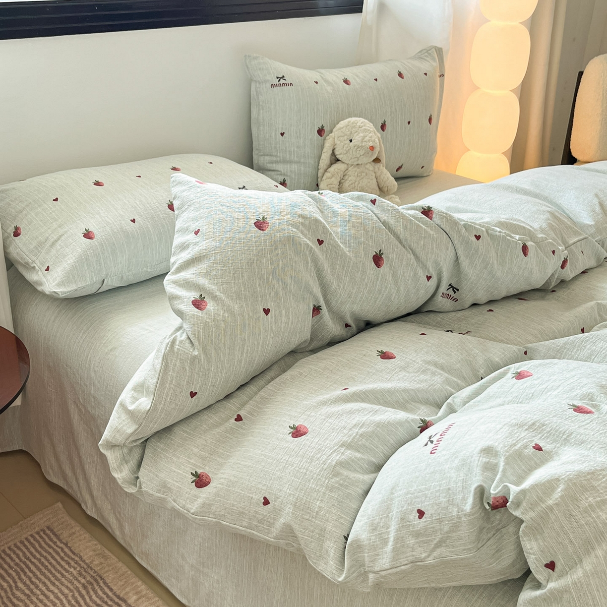 91家纺网 家纺一手货源 找家纺 蓝极人 2026新款色织水洗麻印花四件套 草莓绿