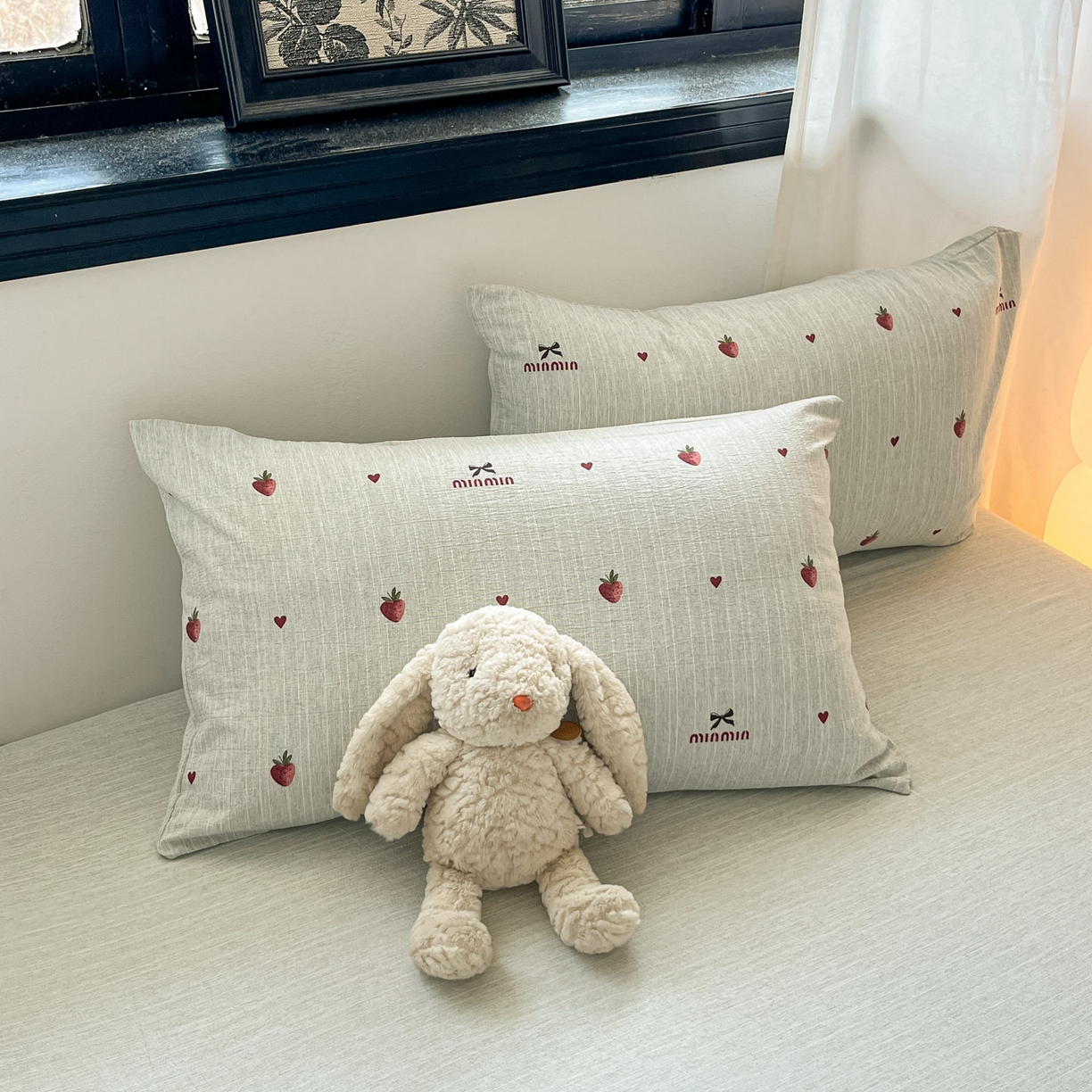 91家纺网 家纺一手货源 找家纺 蓝极人 2026新款色织水洗麻印花四件套 草莓绿