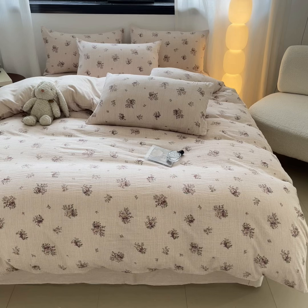 91家纺网 家纺一手货源 找家纺 蓝极人 2026新款色织水洗麻印花四件套 春天黄