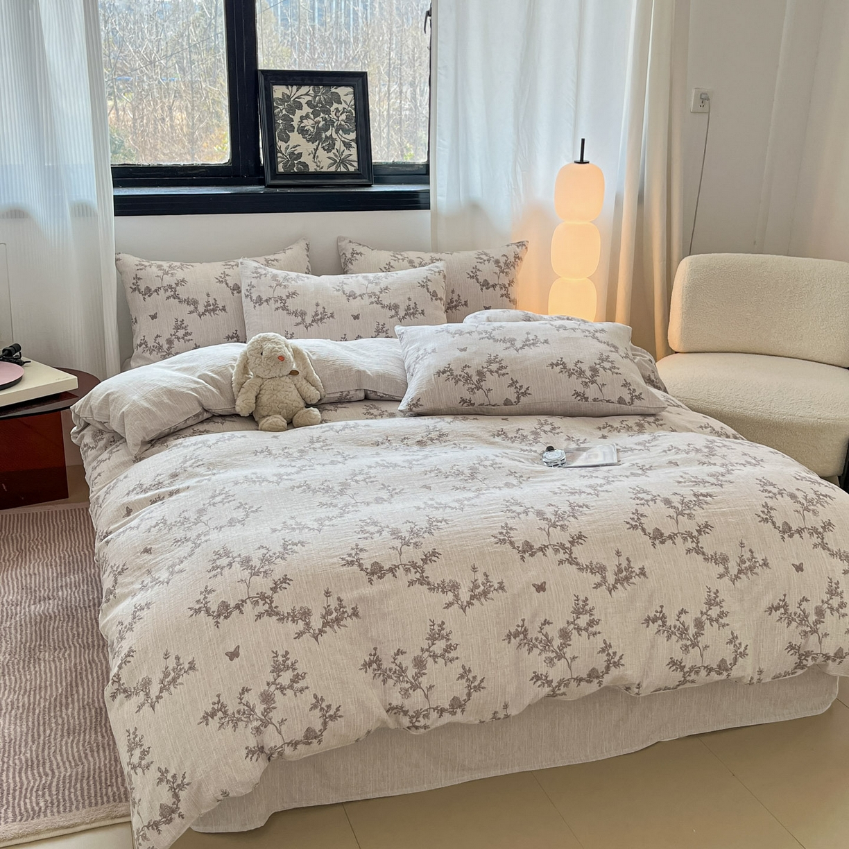 91家纺网 家纺一手货源 找家纺 蓝极人 2026新款色织水洗麻印花四件套 蝶恋花