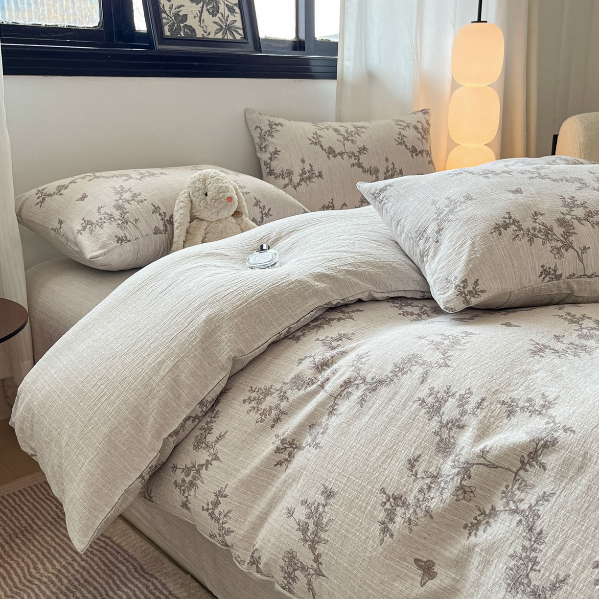 91家纺网 家纺一手货源 找家纺 蓝极人 2026新款色织水洗麻印花四件套 蝶恋花