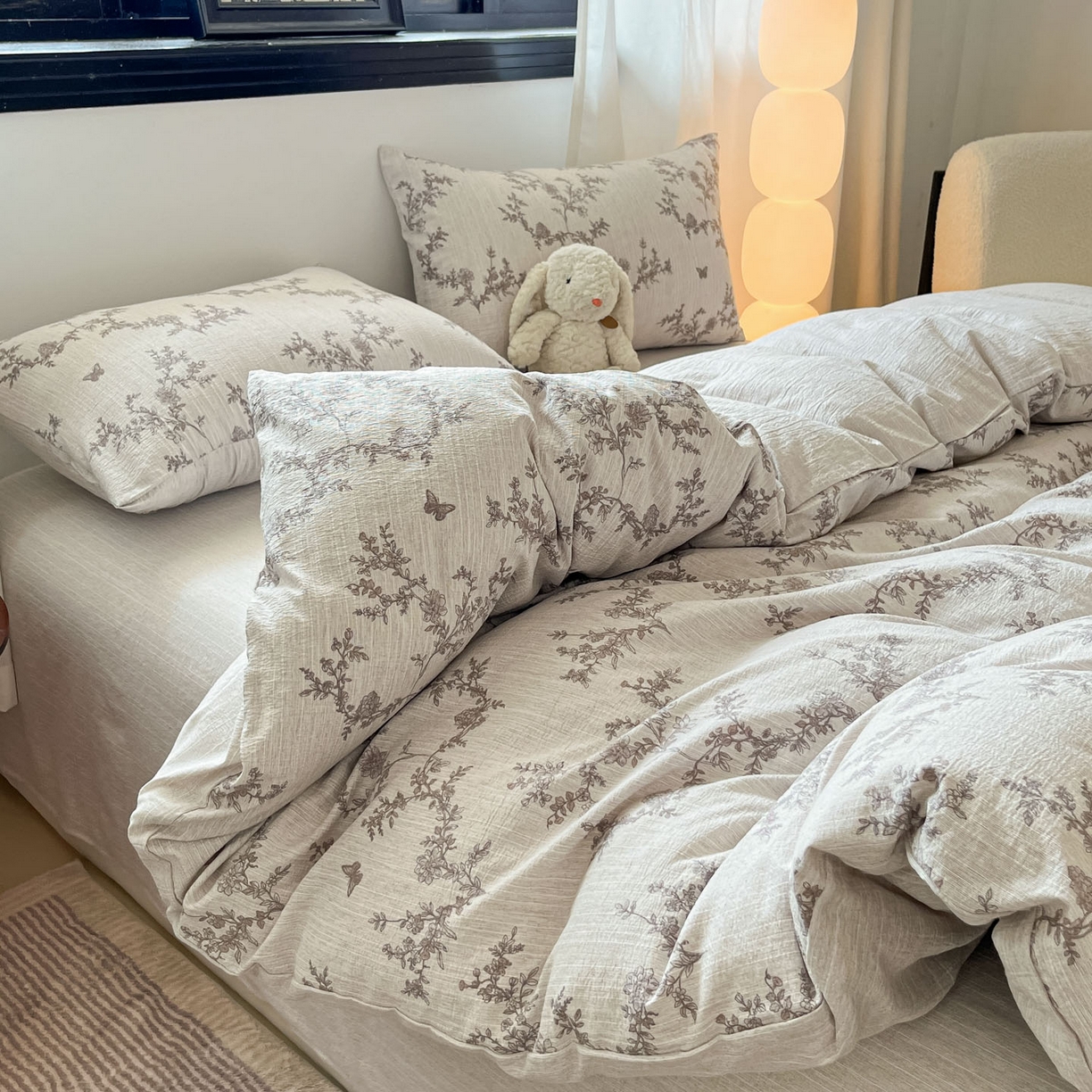 91家纺网 家纺一手货源 找家纺 蓝极人 2026新款色织水洗麻印花四件套 蝶恋花