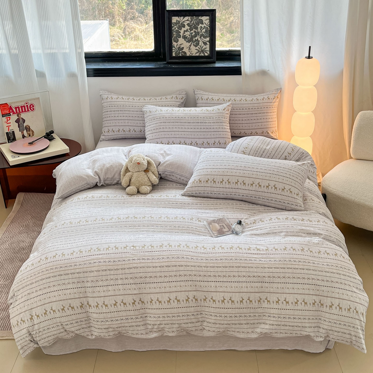 91家纺网 家纺一手货源 找家纺 蓝极人 2026新款色织水洗麻印花四件套 费尔岛灰