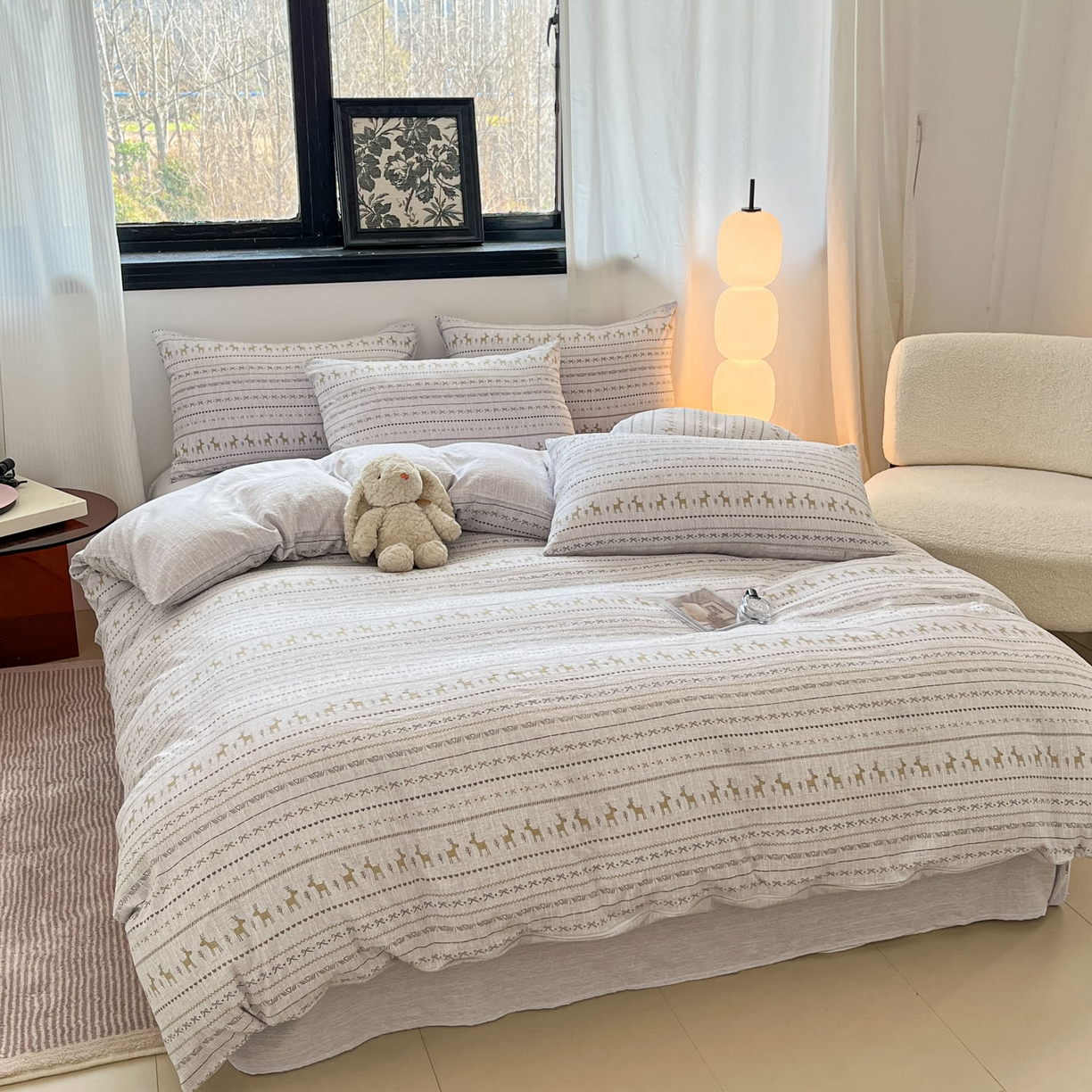 91家纺网 家纺一手货源 找家纺 蓝极人 2026新款色织水洗麻印花四件套 费尔岛灰