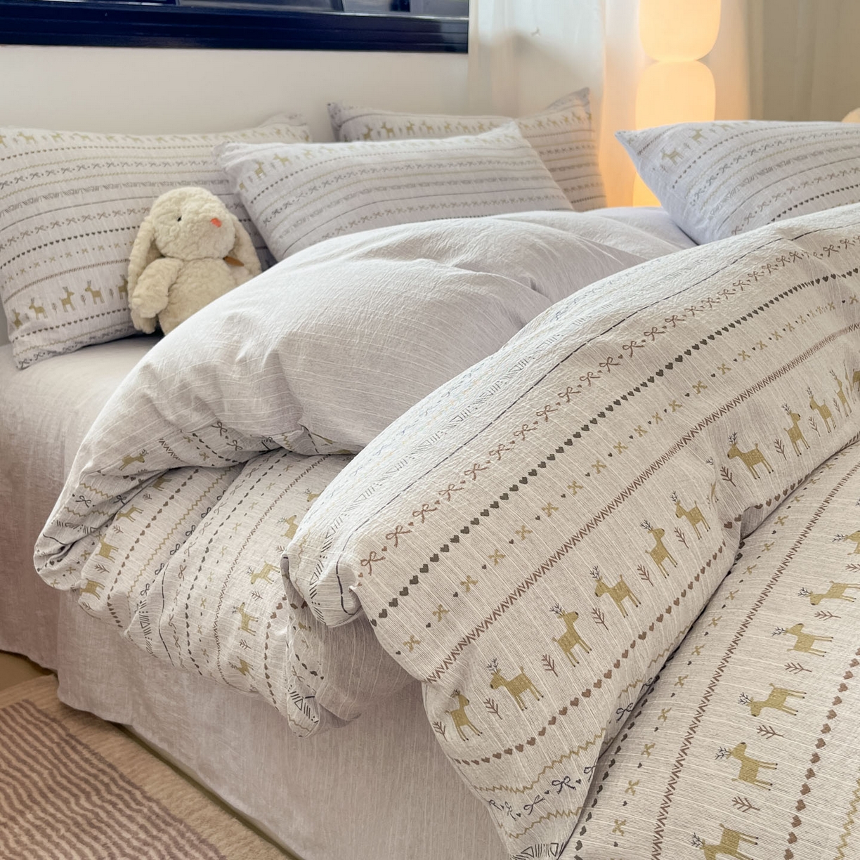 91家纺网 家纺一手货源 找家纺 蓝极人 2026新款色织水洗麻印花四件套 费尔岛灰