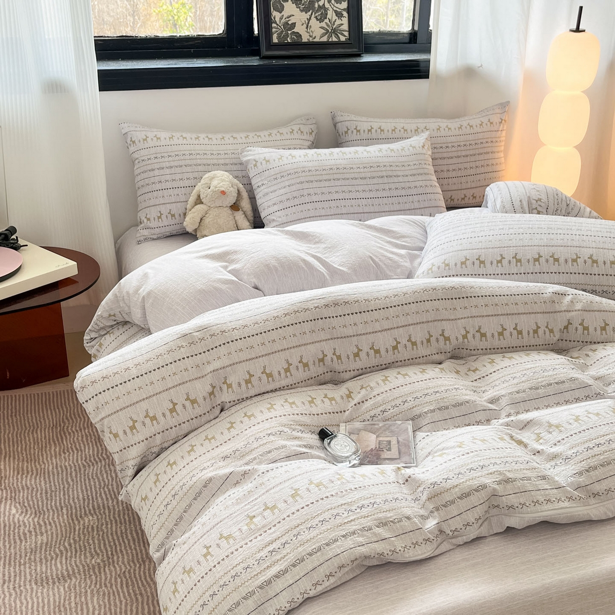 91家纺网 家纺一手货源 找家纺 蓝极人 2026新款色织水洗麻印花四件套 费尔岛灰