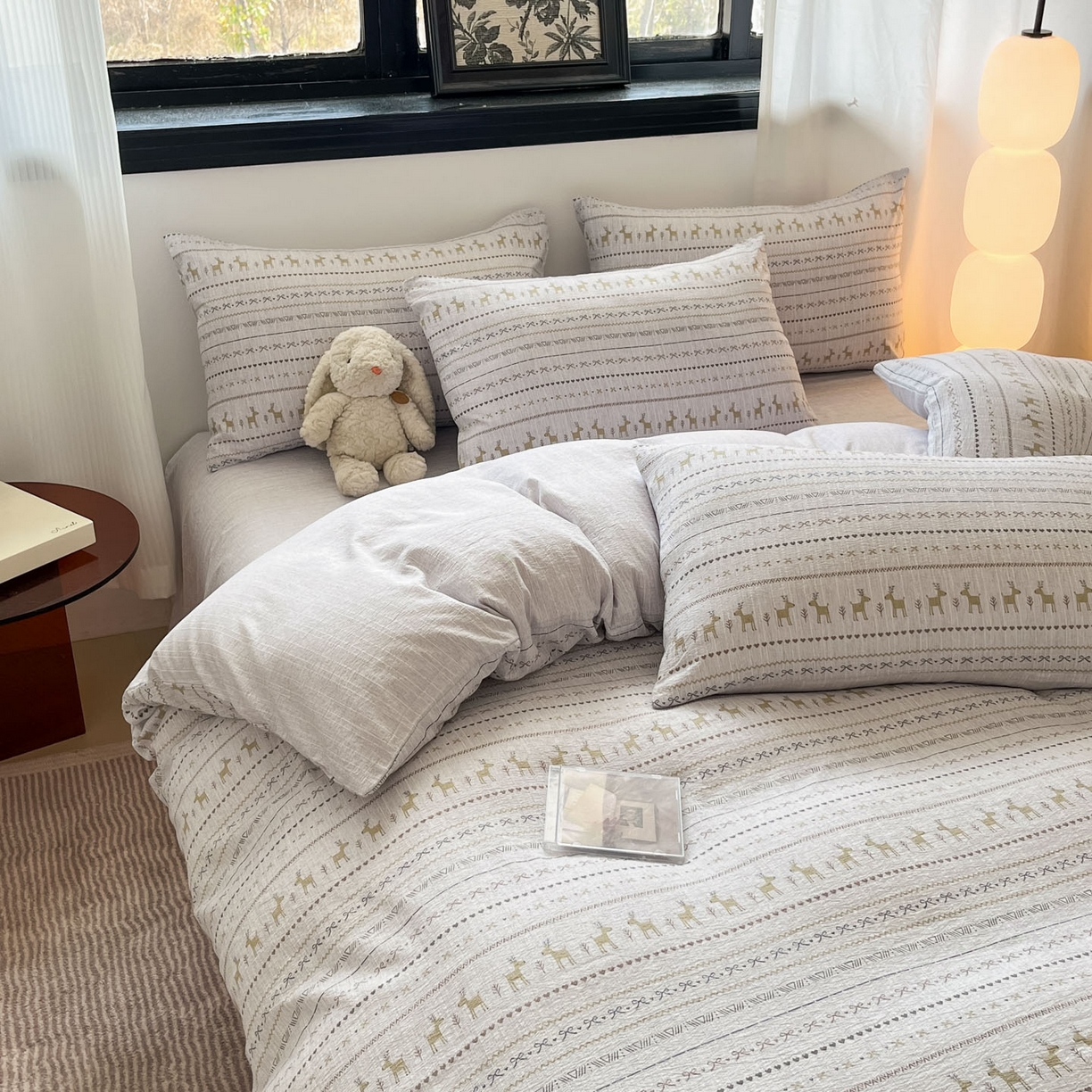 91家纺网 家纺一手货源 找家纺 蓝极人 2026新款色织水洗麻印花四件套 费尔岛灰