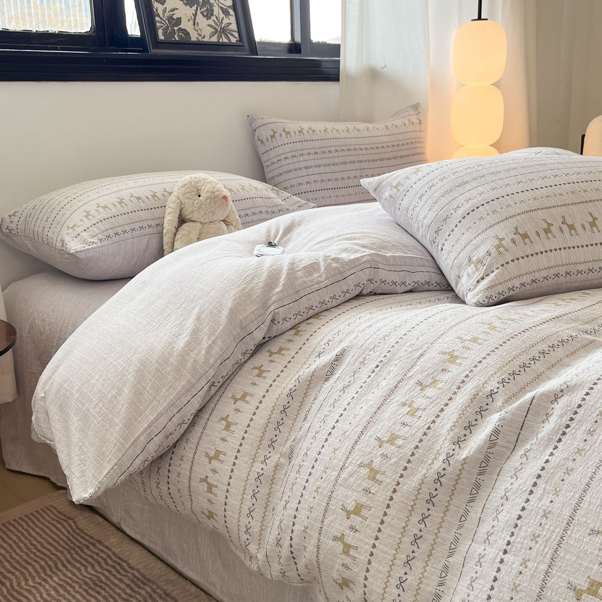 91家纺网 家纺一手货源 找家纺 蓝极人 2026新款色织水洗麻印花四件套 费尔岛灰