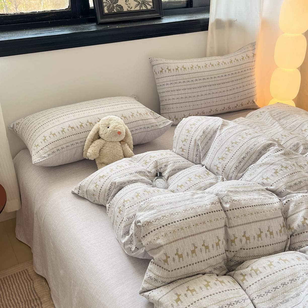 91家纺网 家纺一手货源 找家纺 蓝极人 2026新款色织水洗麻印花四件套 费尔岛灰