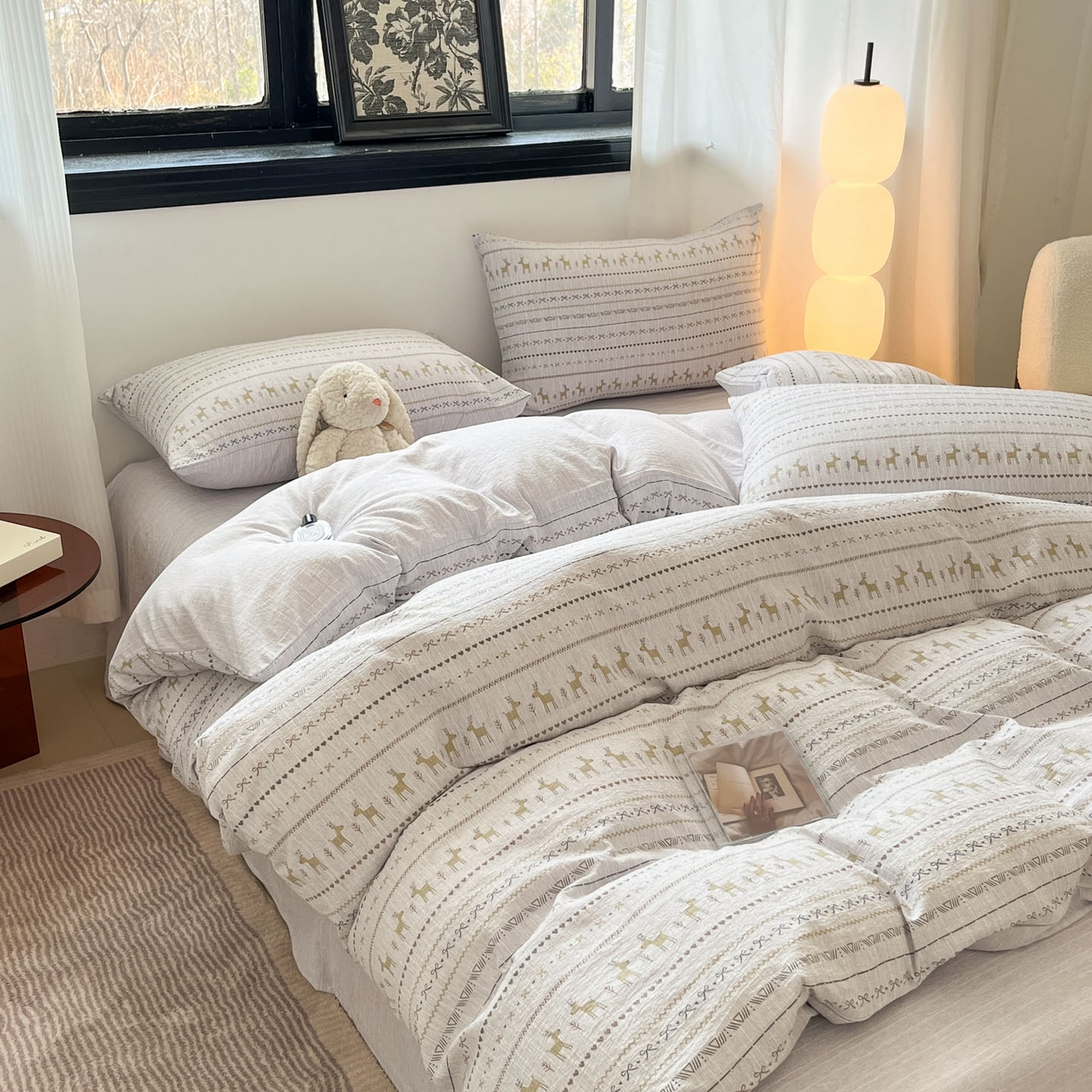 91家纺网 家纺一手货源 找家纺 蓝极人 2026新款色织水洗麻印花四件套 费尔岛灰