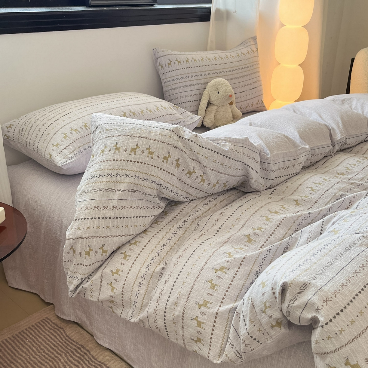 91家纺网 家纺一手货源 找家纺 蓝极人 2026新款色织水洗麻印花四件套 费尔岛灰