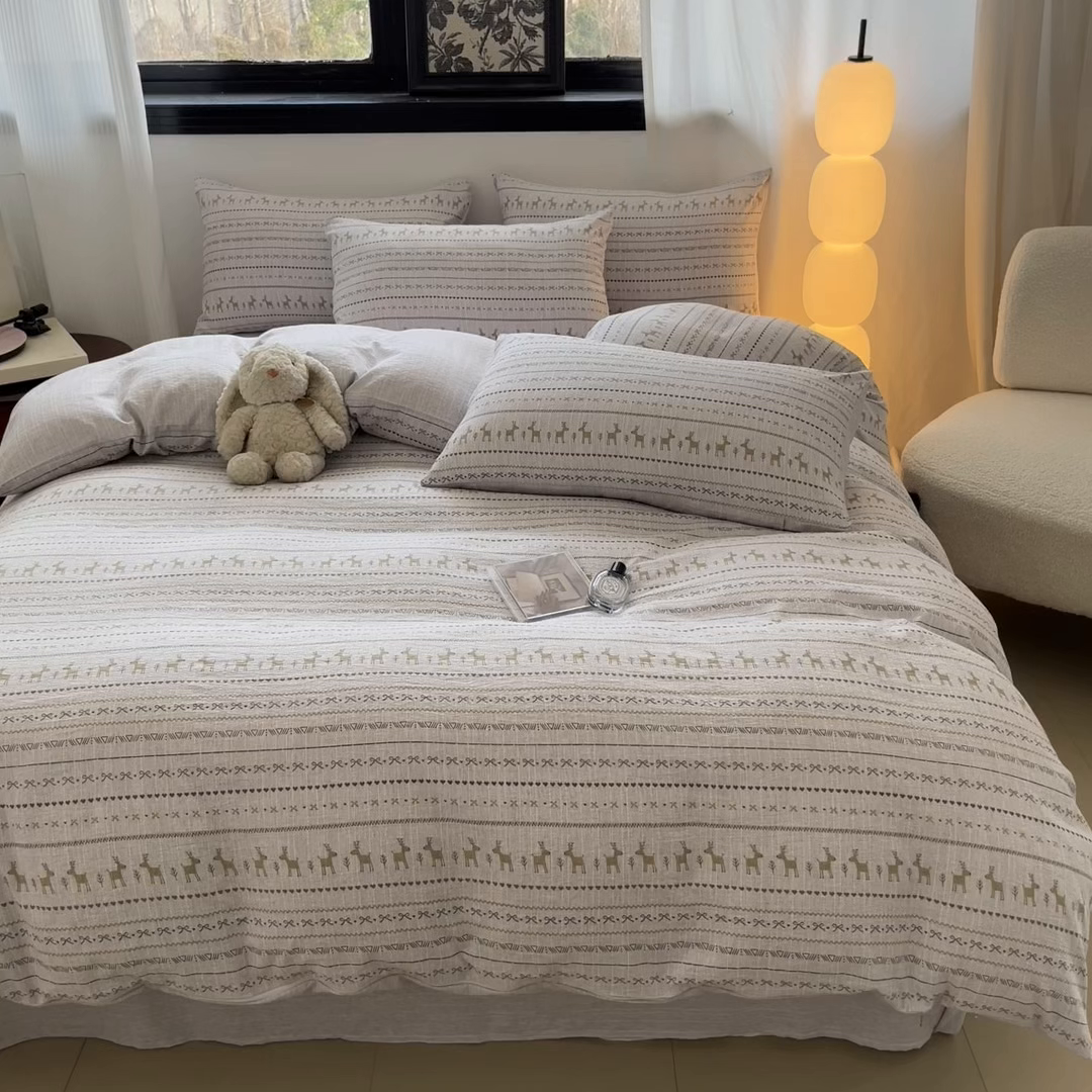 91家纺网 家纺一手货源 找家纺 蓝极人 2026新款色织水洗麻印花四件套 费尔岛灰