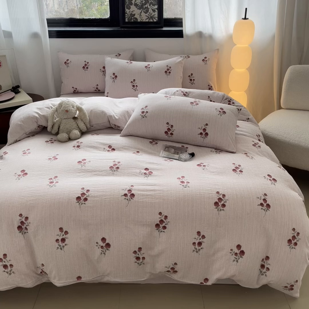 91家纺网 家纺一手货源 找家纺 蓝极人 2026新款色织水洗麻印花四件套 可可粉