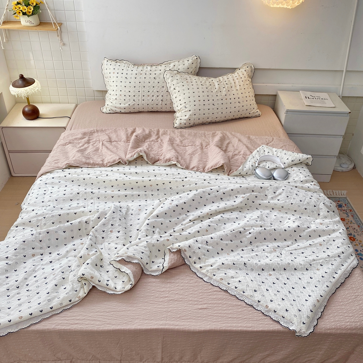 91家纺网 家纺一手货源 找家纺 恋尚羽家纺 2026新款韩版夏凉被空调被夏凉被四件套 小爱心