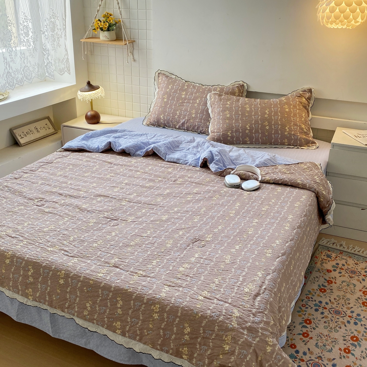 91家纺网 家纺一手货源 找家纺 恋尚羽家纺 2026新款韩版夏凉被空调被夏凉被四件套 情人节咖