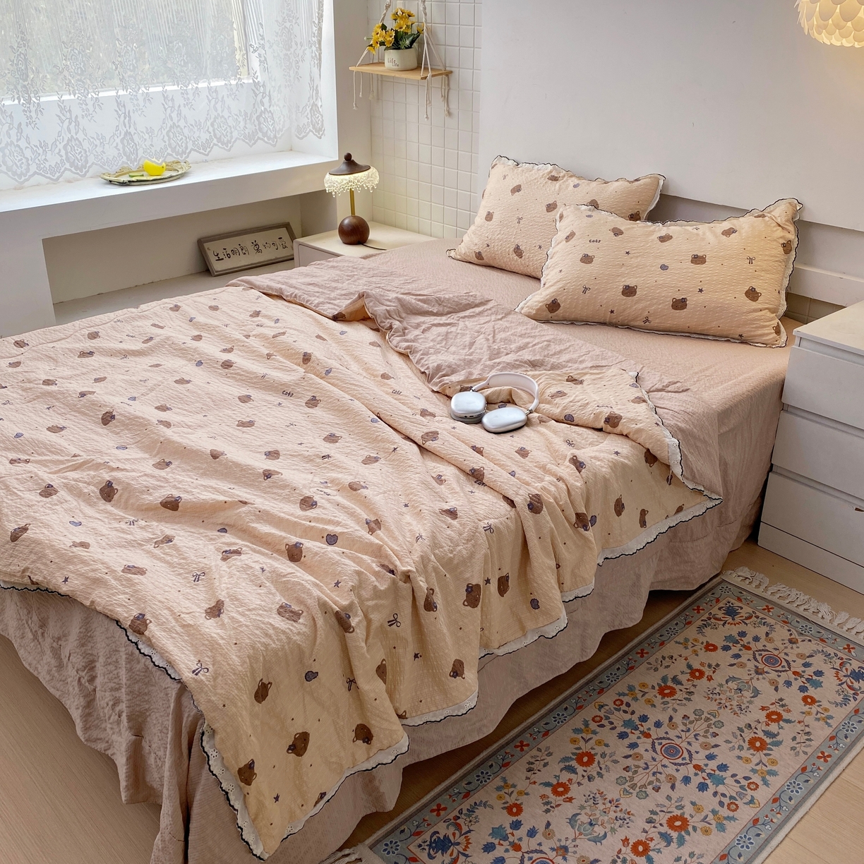 91家纺网 家纺一手货源 找家纺 恋尚羽家纺 2026新款韩版夏凉被空调被夏凉被四件套 曲奇猫