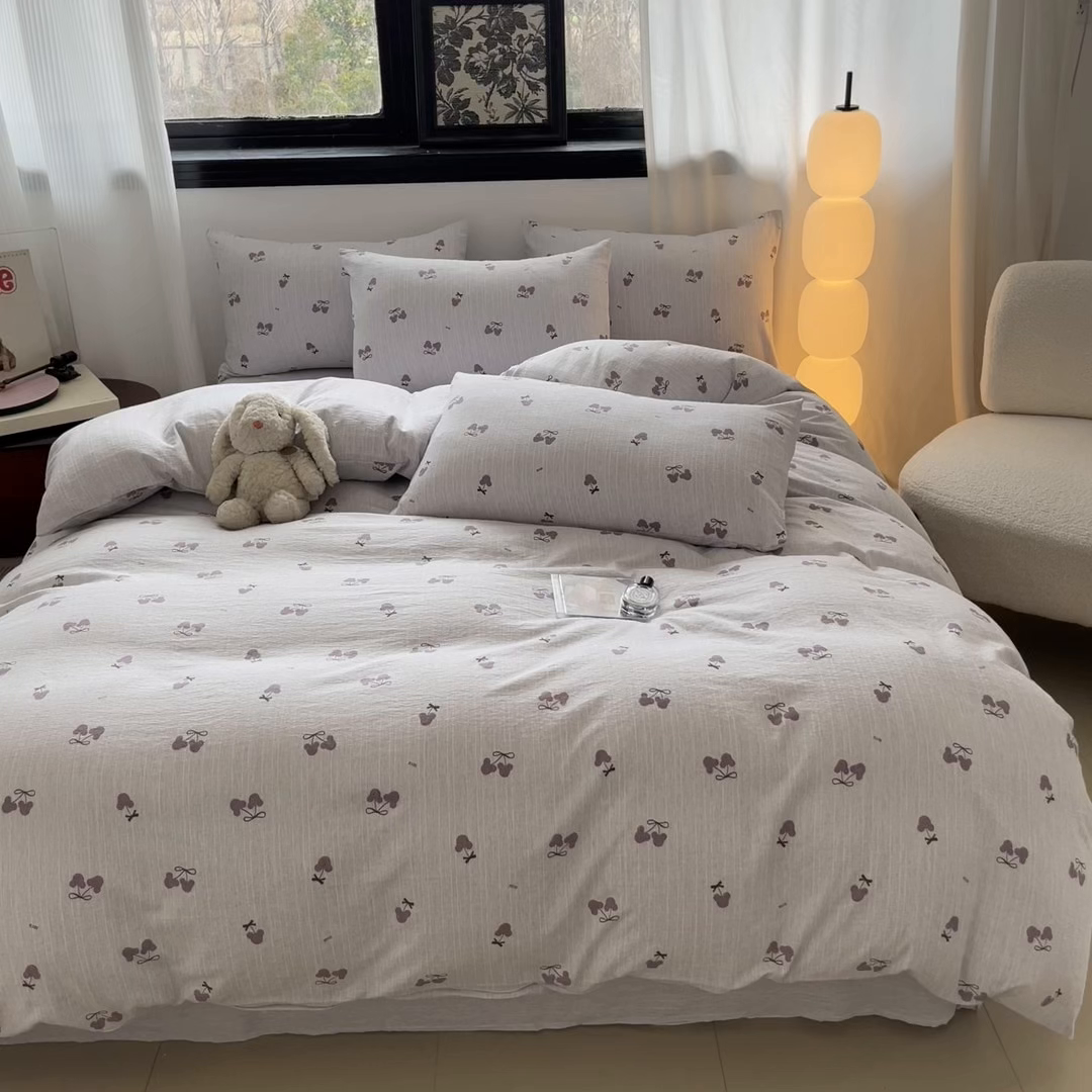 91家纺网 家纺一手货源 找家纺 蓝极人 2026新款色织水洗麻印花四件套 米奇樱桃豆沙